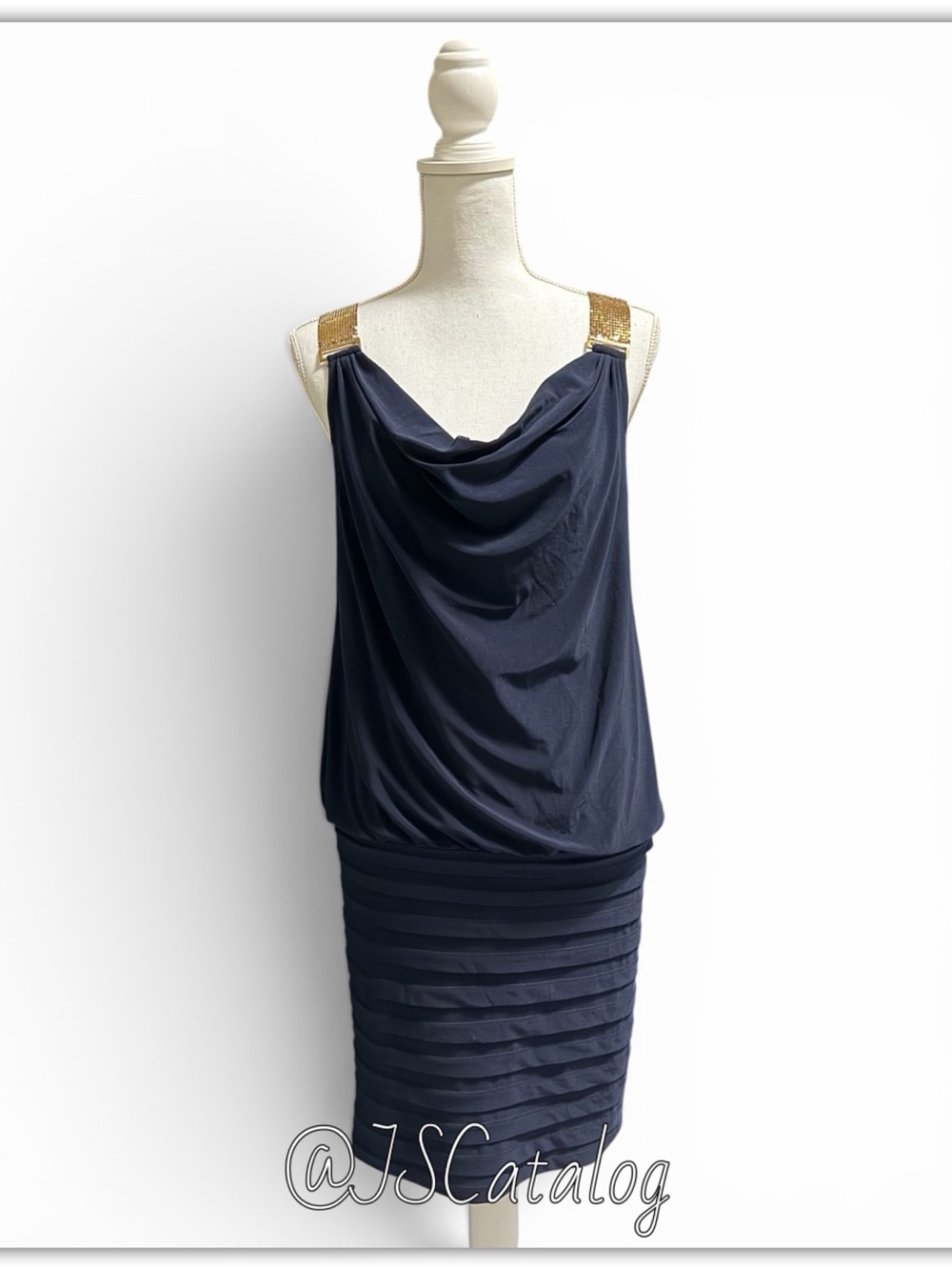Betsy & Adam Navy Mini Dress with Gold Shoulder Straps